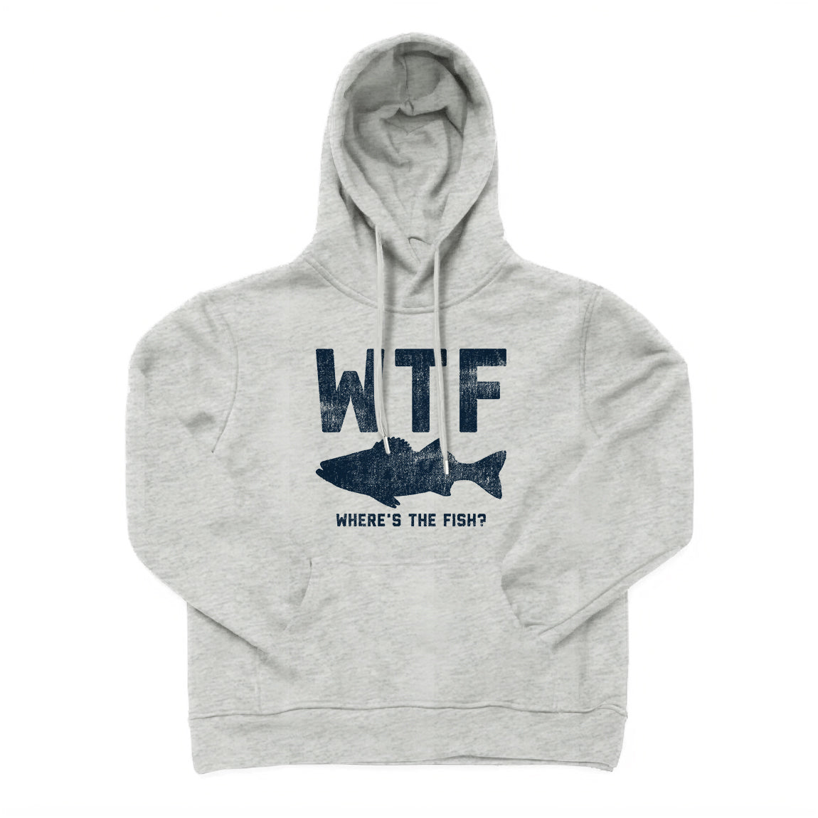 A gray hoodie with the text 'WTF' followed by 'WHERE'S THE FISH?' printed on the front.