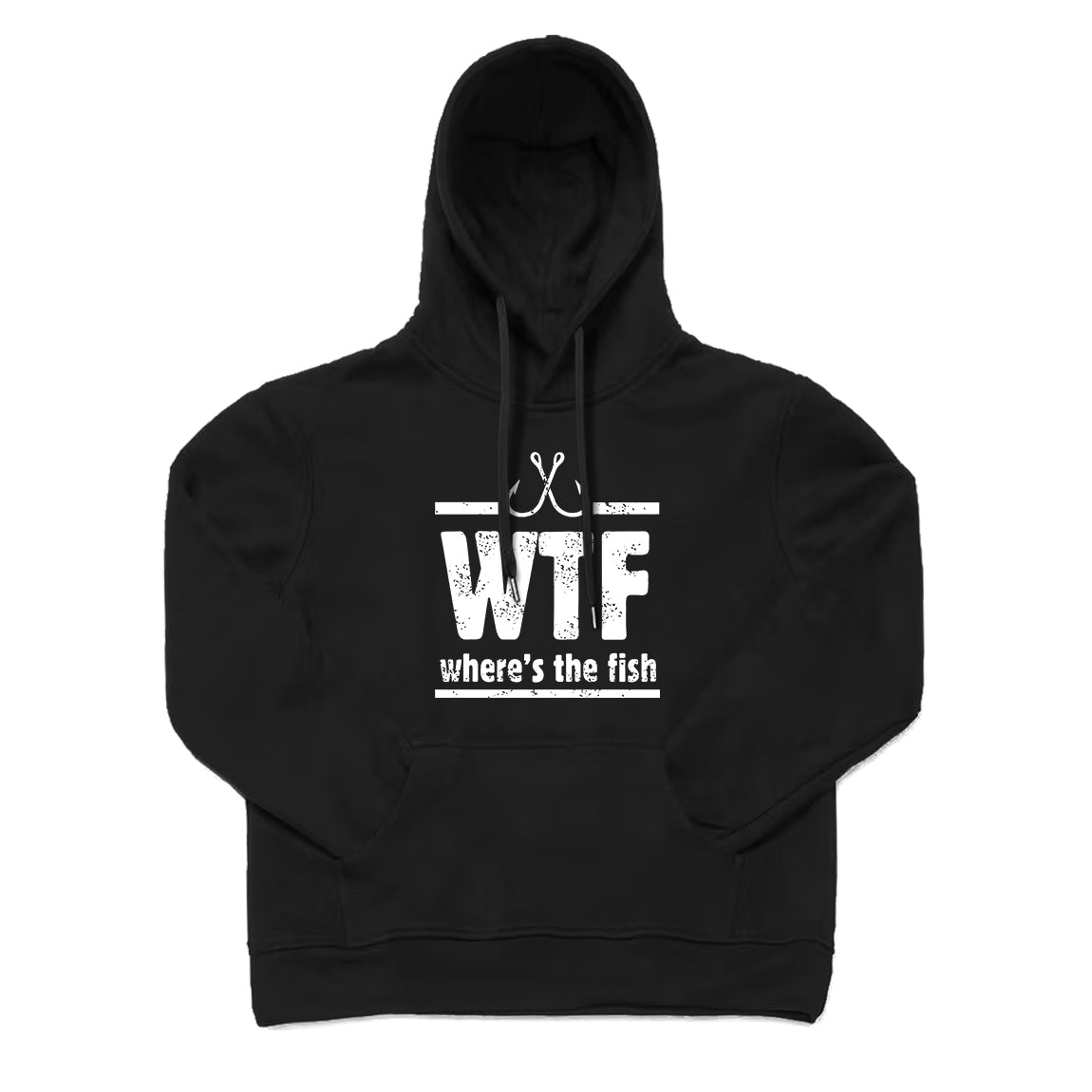 Black cotton hoodie with text 'WTF where's the fish' printed on the front.