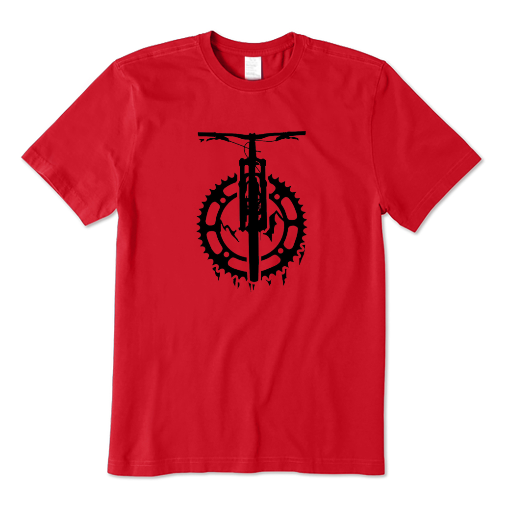 Red t-shirt with a black bicycle graphic on a white background