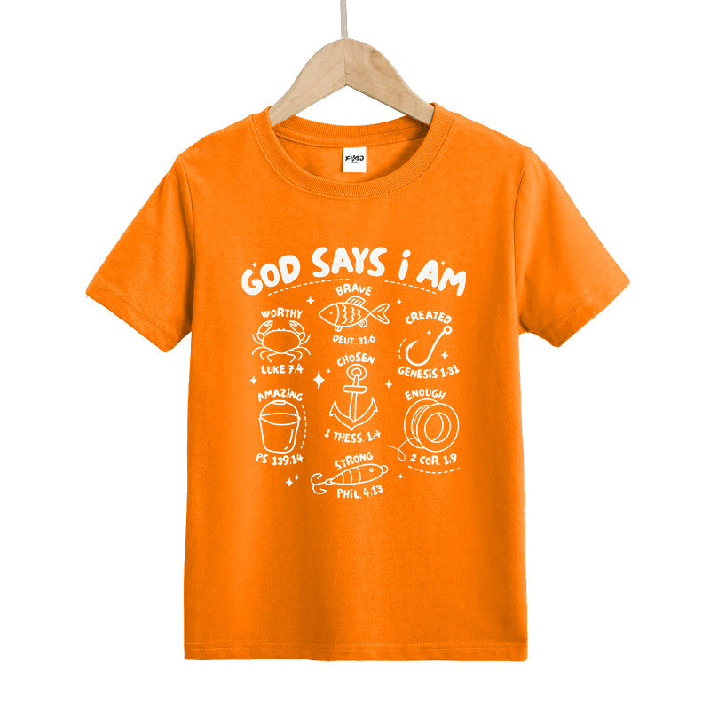 God Says I Am Boys Fishing Kids T-Shirt