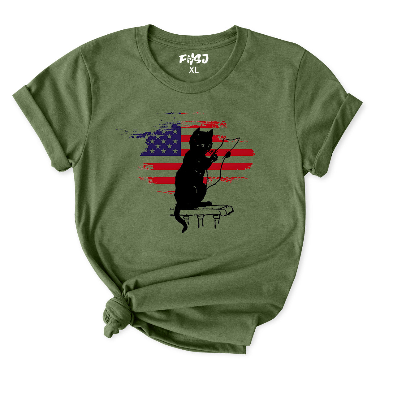 Black Cat With American T-Shirt for Women