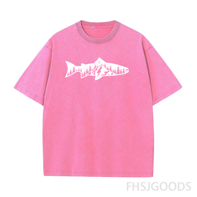 Fish and Mountain Moon Tree Unisex Distressed T-Shirt