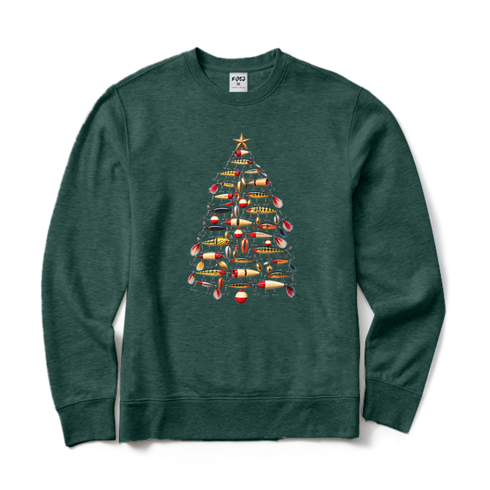 Retro Fishing Lure Christmas Tree Fisherman Crewneck Sweatshirt