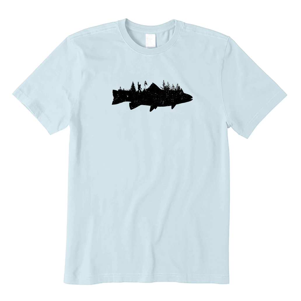 Trout with bigfoot in forest T-Shirt