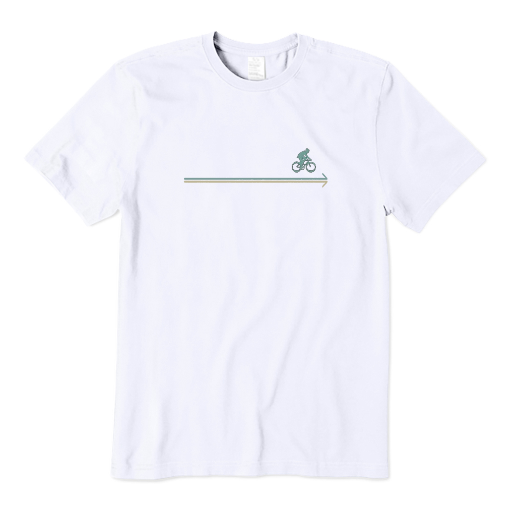 White t-shirt with a cycling graphic design on a white background