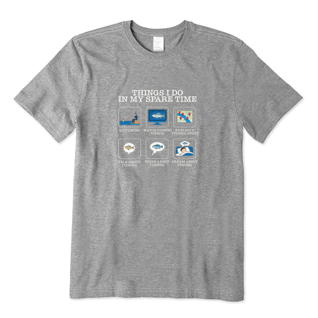 Gray t-shirt with fishing-themed graphics and text on a white background