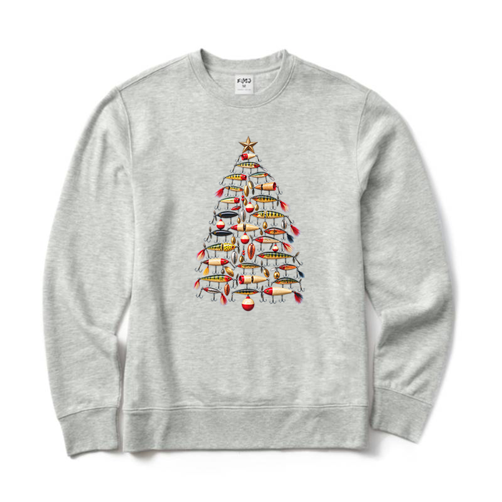 Retro Fishing Lure Christmas Tree Fisherman Crewneck Sweatshirt