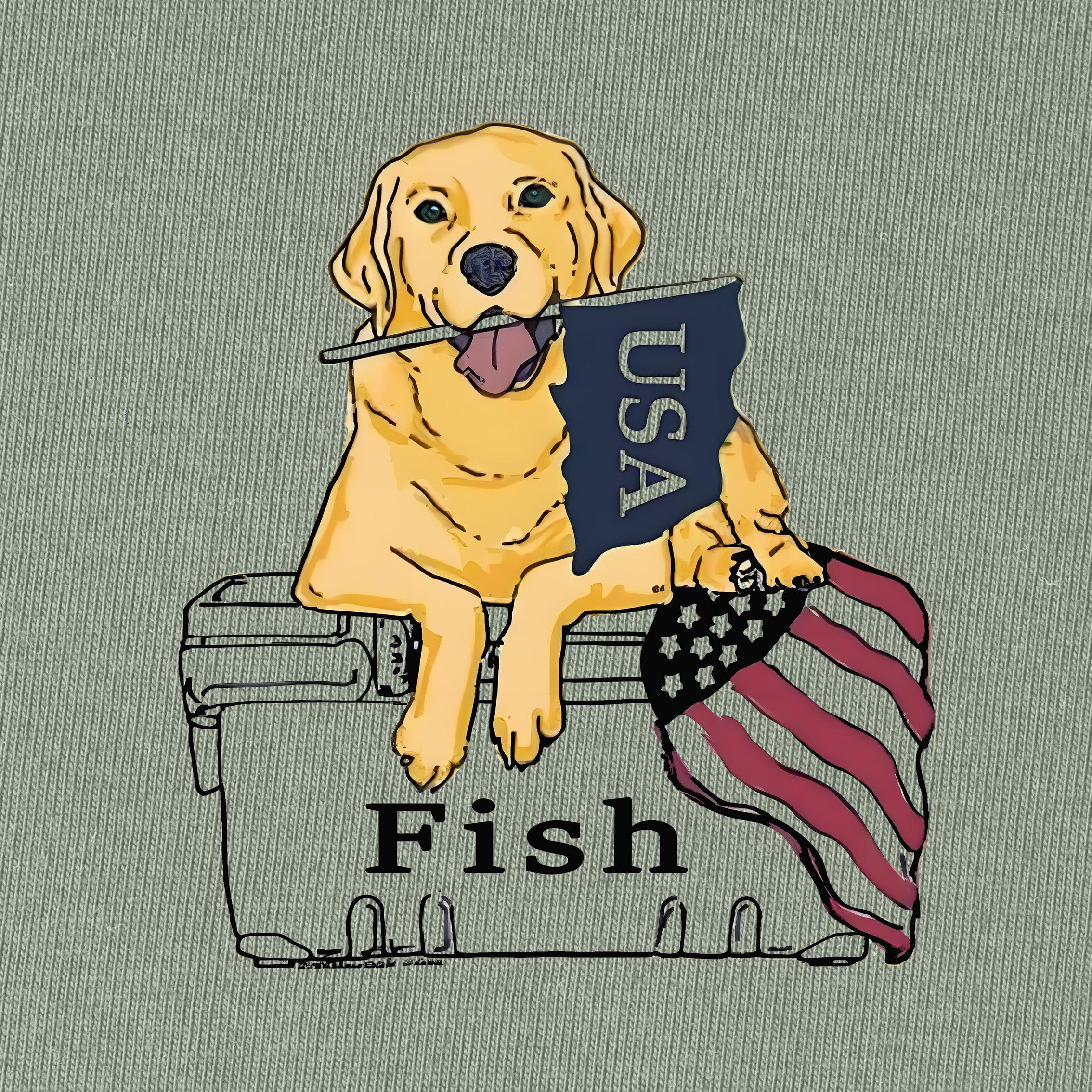 Dog on Fish Box with Flag T-Shirt