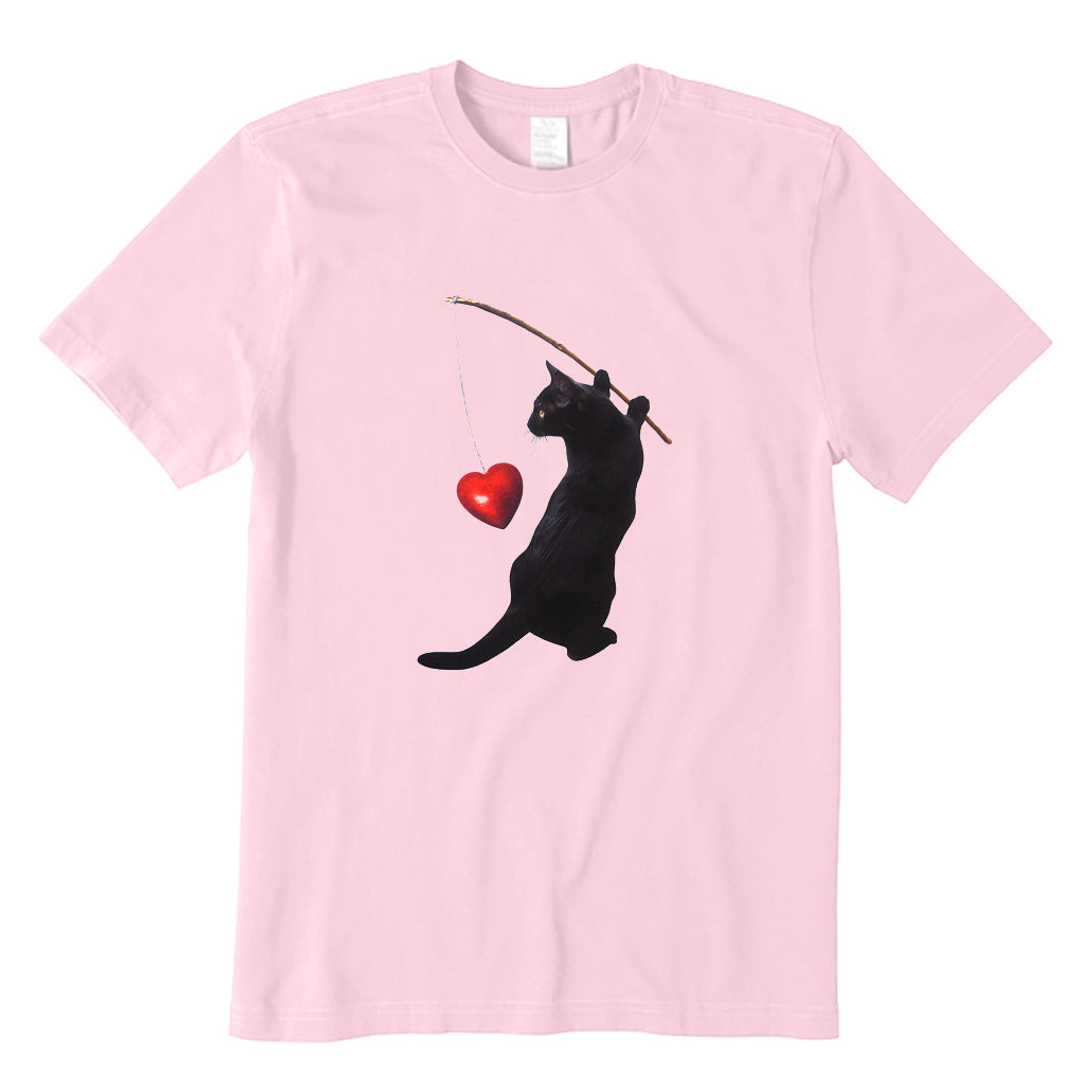Black Cat Fishing Heart T-Shirt