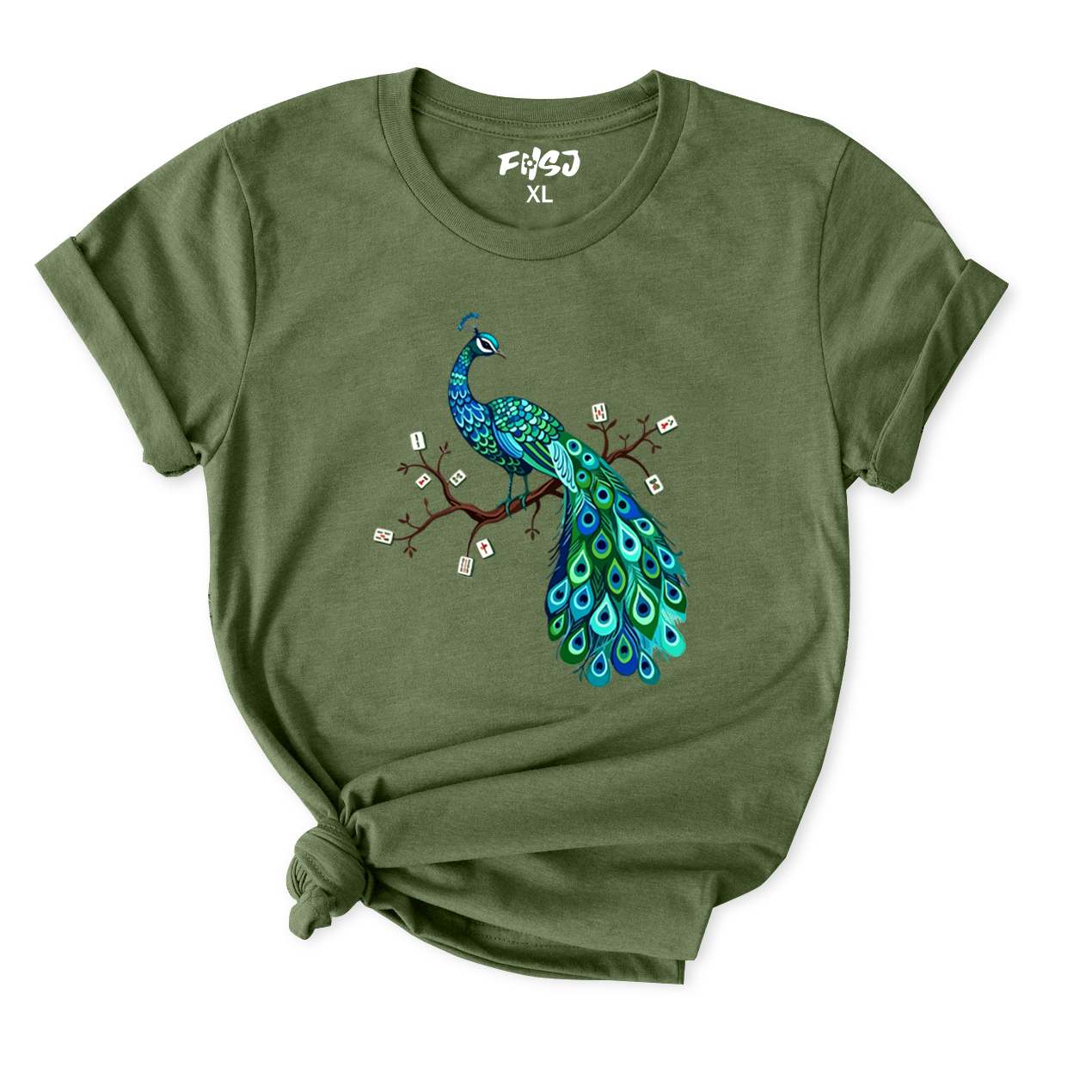 Green t-shirt with a mahjong peacock design on a white background