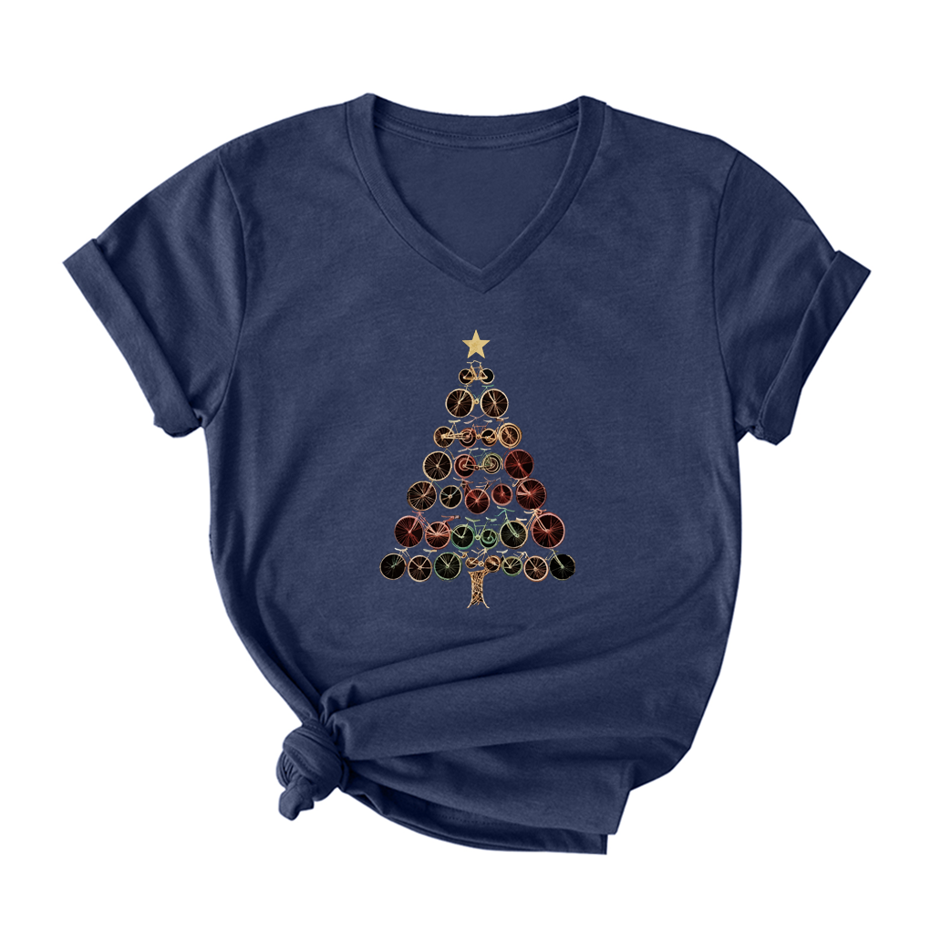 Christmas Bike Tree V Neck T-Shirt for Women
