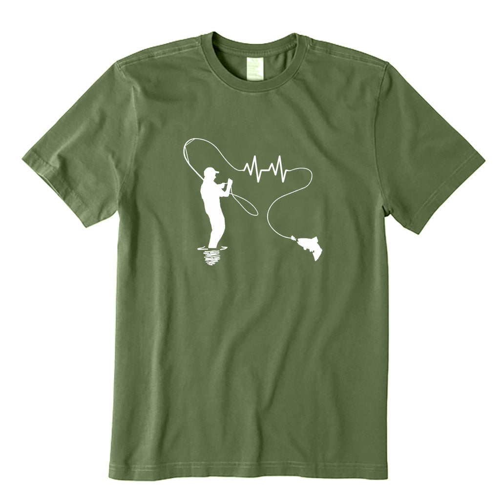 Fly Fishing Man Heartbeat in Fishing Line T-Shirt