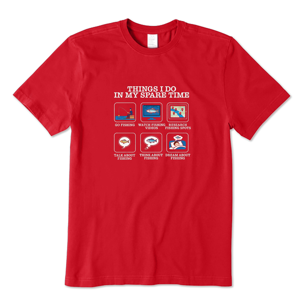 Red t-shirt with fishing-themed graphic and text on a white background
