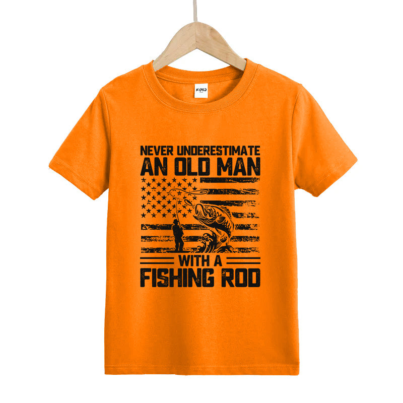 Never Underestimate An Old Man with A Fishing Rod Kids T-Shirt