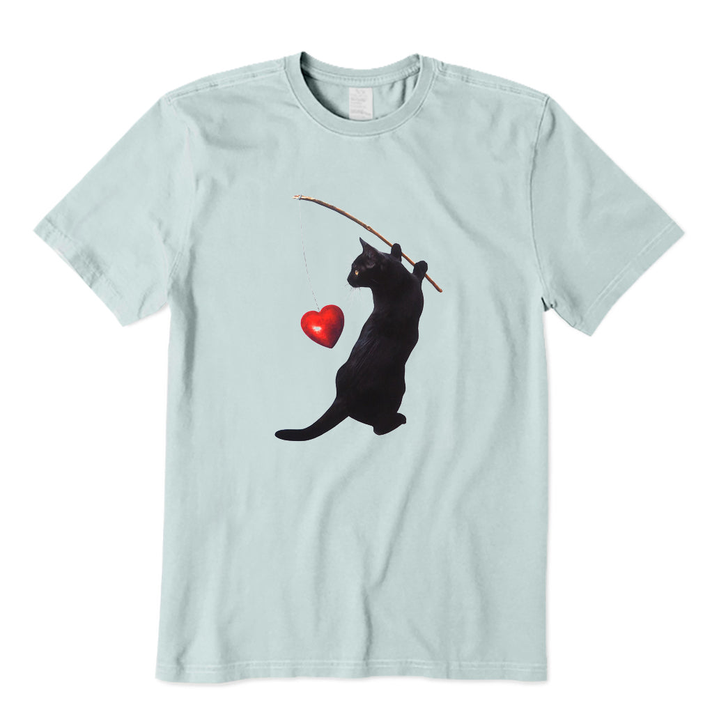 Black Cat Fishing Heart T-Shirt