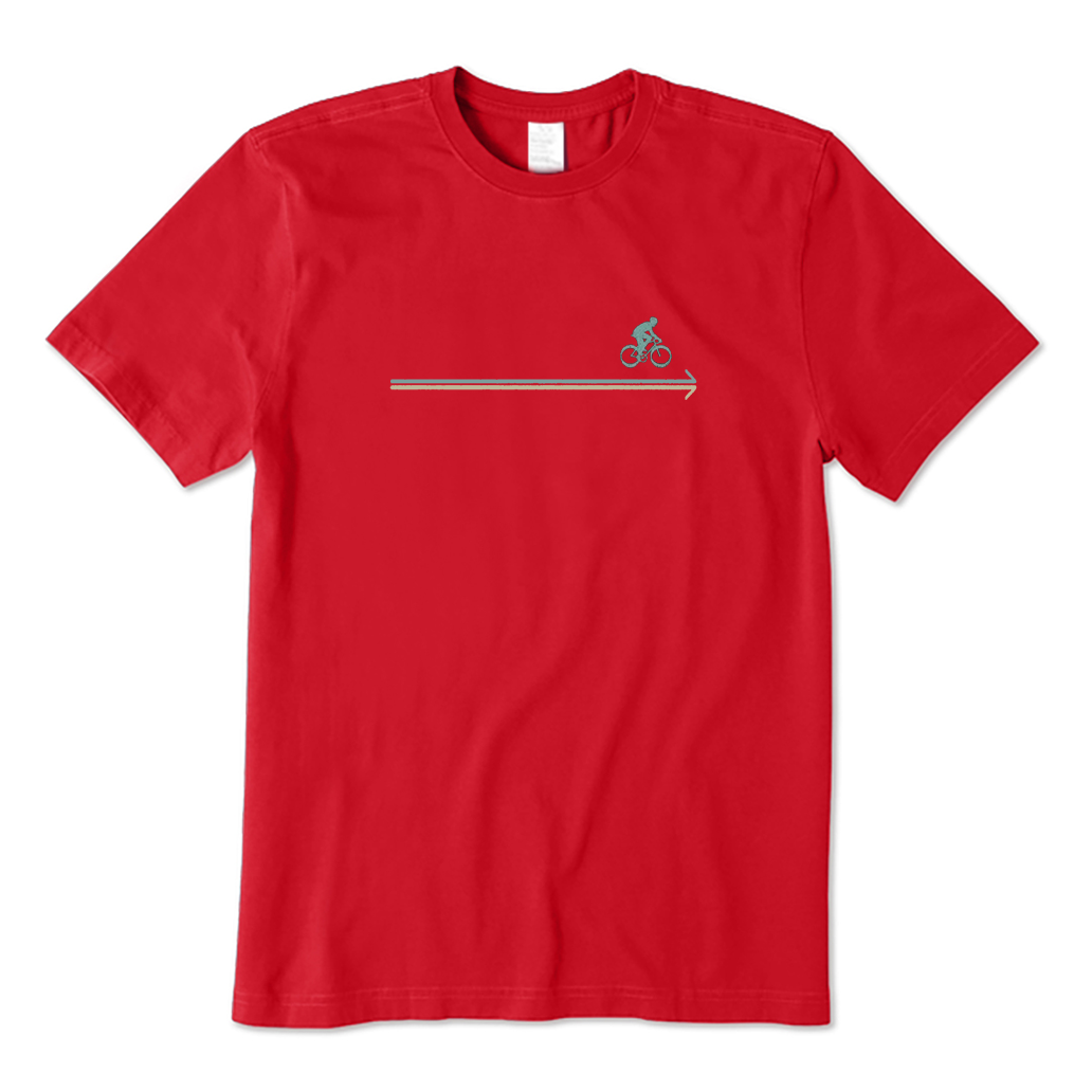 Red t-shirt with a cycling graphic design on a white background