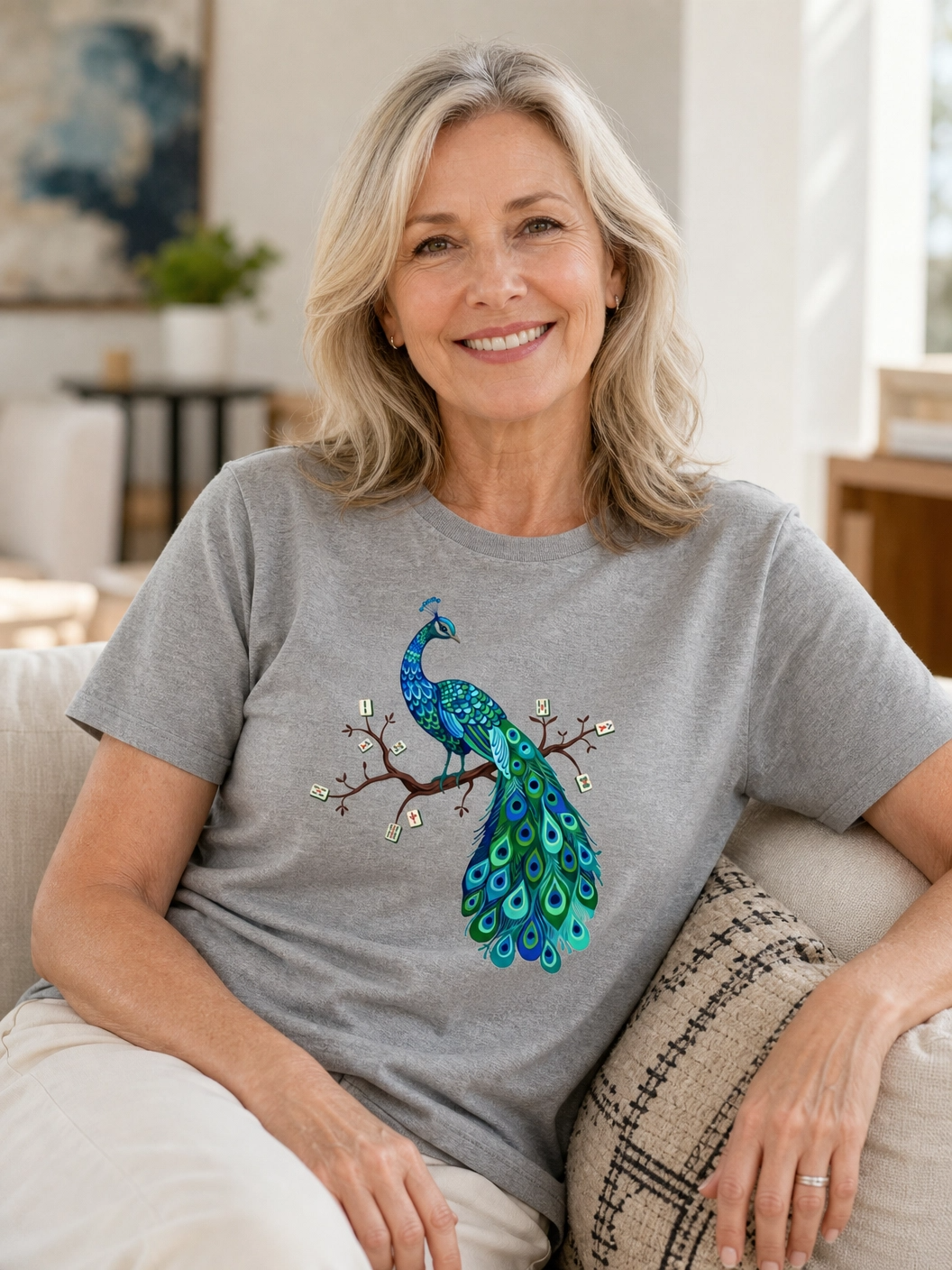 Mahjong Bird on Tile Branch T-Shirt for Women