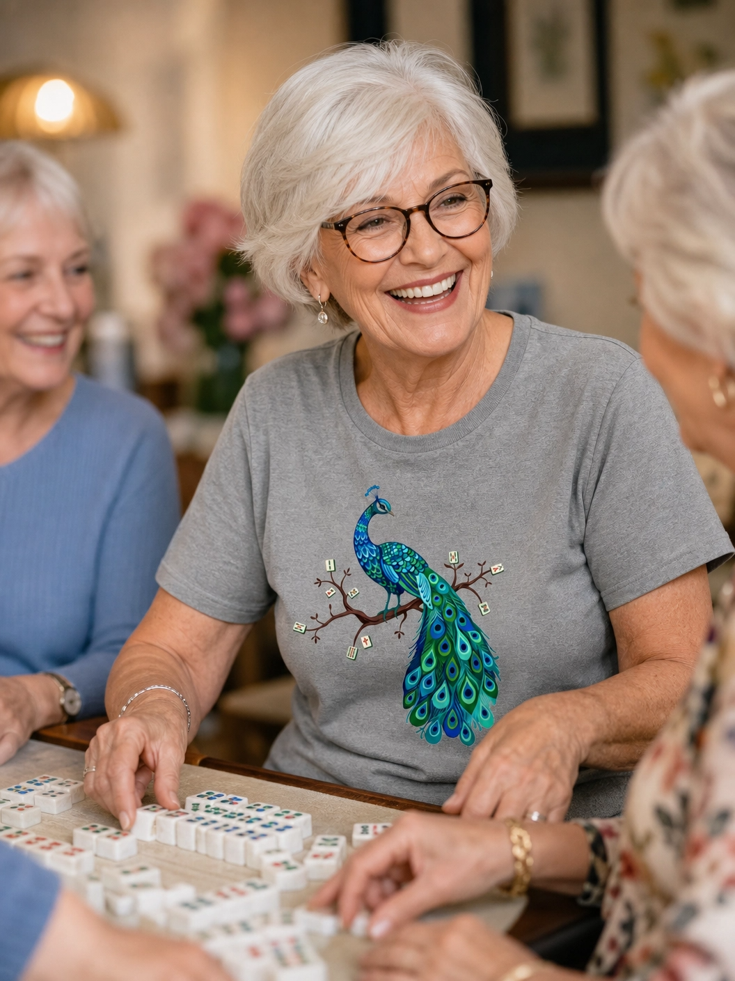 Mahjong Bird on Tile Branch T-Shirt for Women