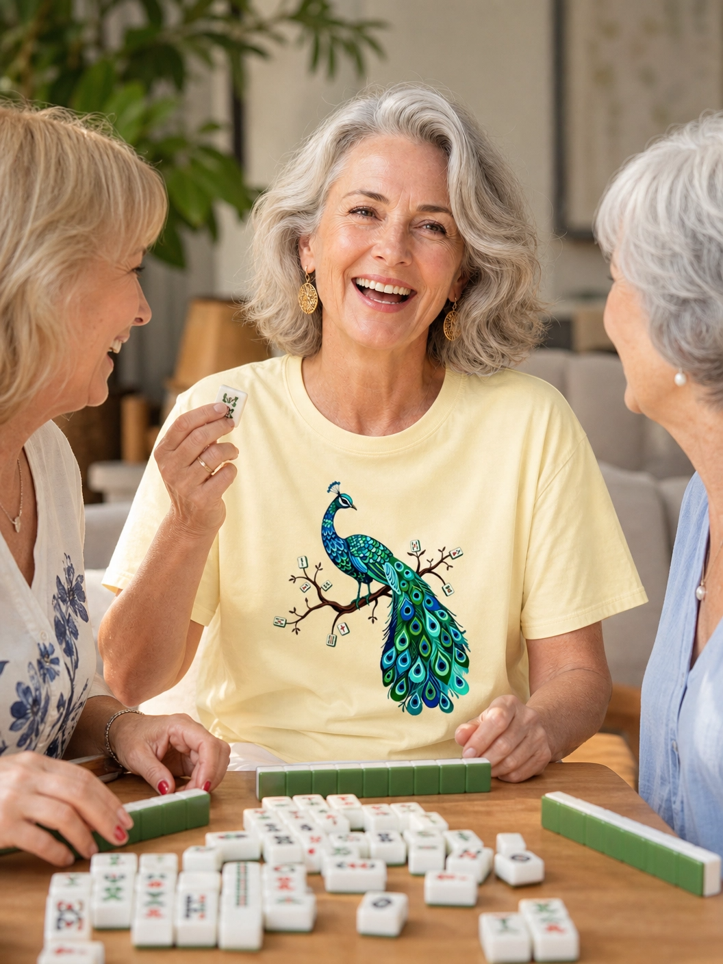 Mahjong Bird on Tile Branch T-Shirt for Women