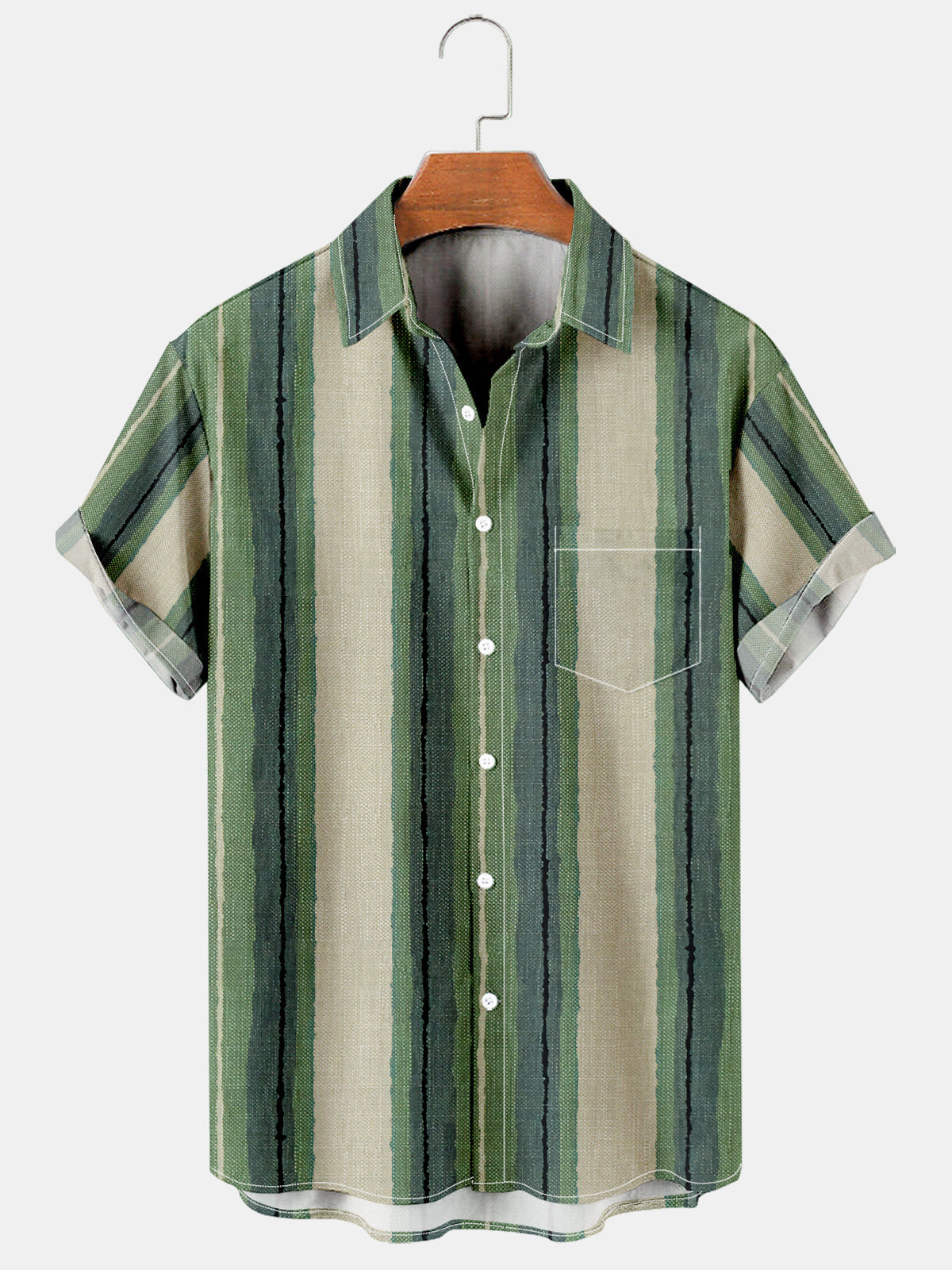 Green Vertical Stripes Holiday Style Casual Shirt for Men