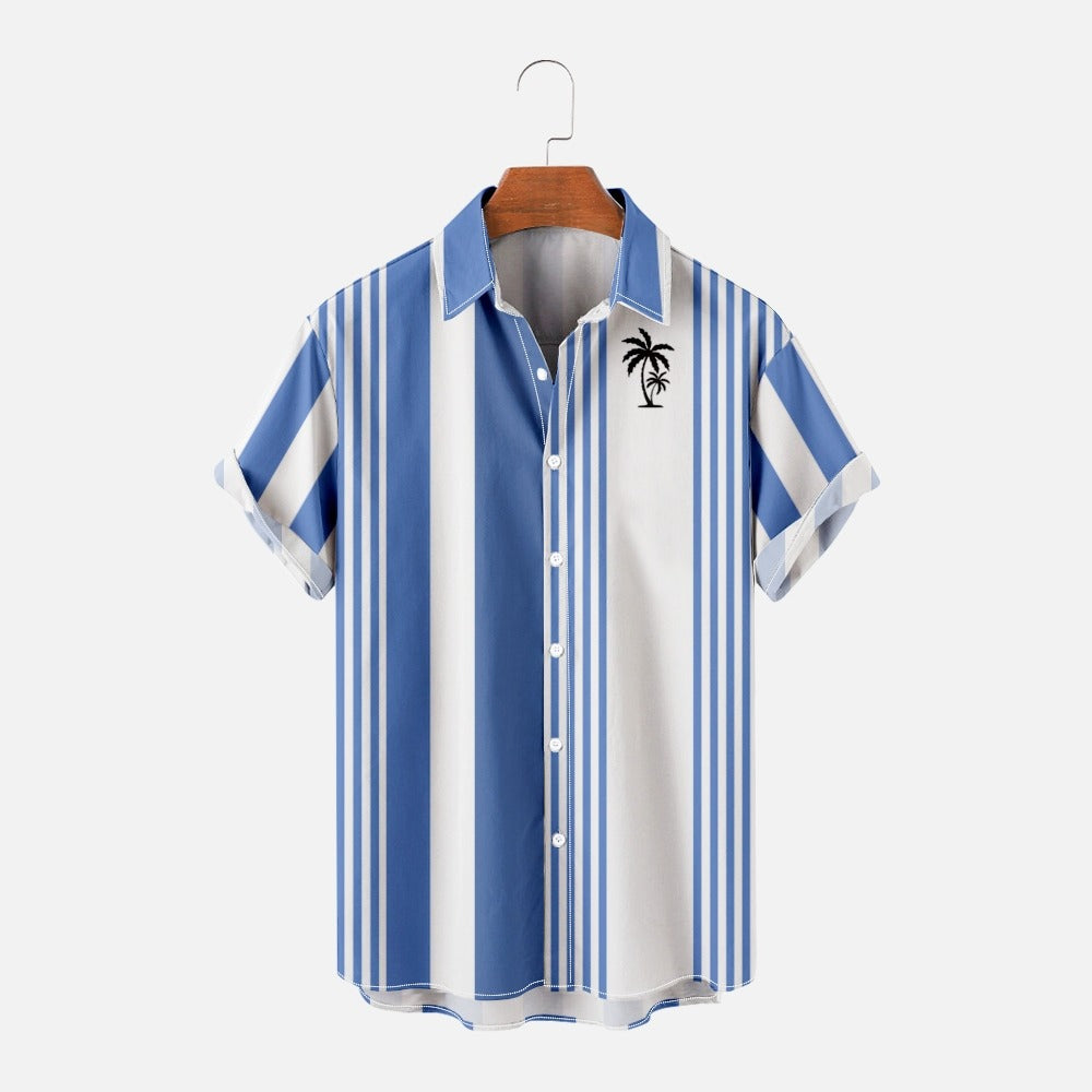 Coconut Tree Logo Solid Color Vertical Stripes Summer Casual Shirt for Men